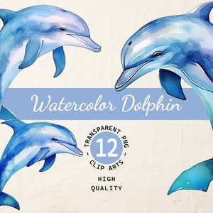Watercolor Dolphins, Collection Clipart, Commercial Use, Instant Download, Transparent Background, Scrapbook Printables