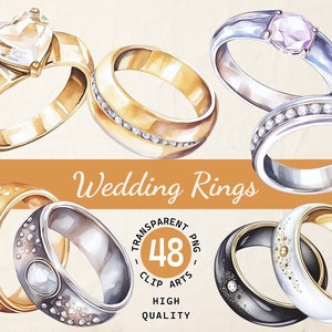 Anillos de boda acuarela, paquete de imágenes prediseñadas, imágenes prediseñadas de bandas románticas, PNG transparente, descarga digital, fabricación de tarjetas de Scrapbook, uso comercial