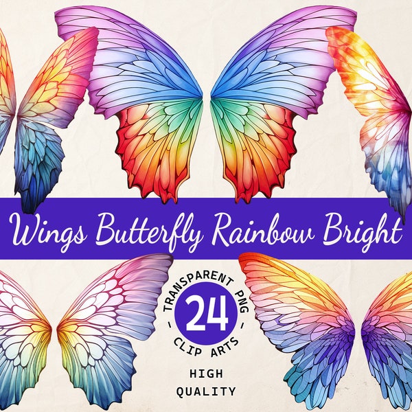 Butterfly Wings Watercolor, Clipart Bundle, Vibrant Rainbow Wings, Transparent PNG, Digital Download, Scrapbook Invitation, Commercial Use