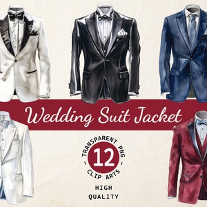 Könnte beinhalten: Vier Aquarell-Illustrationen von Hochzeitsanzügen. Die Jacken sind in Weiß, Schwarz, Blau und Rot. Der Text "Wedding Suit Jacket" ist in Rot über den Jacken geschrieben. Der Text "Transparent PNG Clip Arts High Quality" ist in Schwarz unter den Jacken geschrieben.