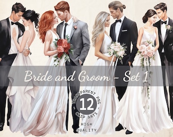 Bride and Groom Watercolor, Clipart Bundle, Wedding Couple Clipart, Transparent PNG, Digital Download, Scrapbook Card Making, Commercial Use
