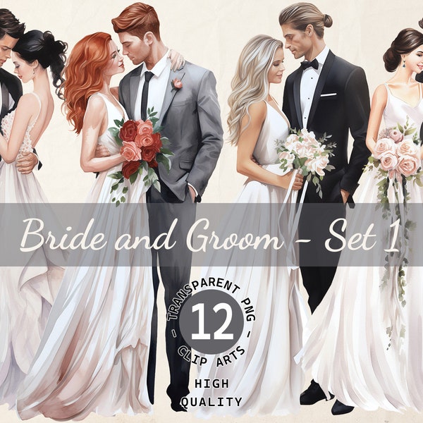 Bride and Groom Watercolor, Clipart Bundle, Wedding Couple Clipart, Transparent PNG, Digital Download, Scrapbook Card Making, Commercial Use