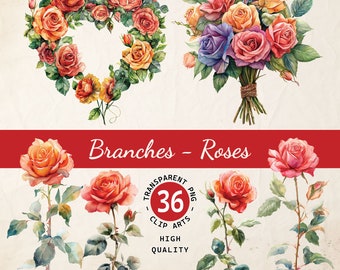Zestaw clipartów Roses Branches - Niezbędnik kreatywnego tworzenia kartek - Przezroczysty PNG - Natychmiastowe pobranie cyfrowe - Licencja komercyjna