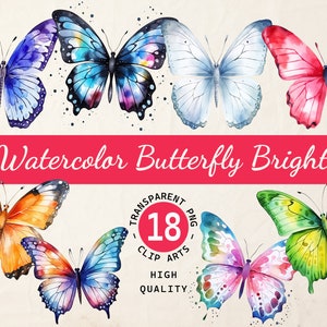 Aquarelle papillon couleur vibrante, Clipart Bundle, Illustration Art, PNG Transparent, téléchargement numérique, Scrapbook et carte, usage Commercial
