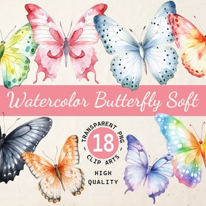 Aquarelle papillon couleur douce, Clipart Bundle, Illustration Art, PNG Transparent, téléchargement numérique, Scrapbook et carte, usage Commercial