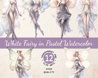 Ilustracja Białej Wróżki, Pastelowy Akwarelowy Clipart, Przezroczysty PNG, Pobieranie Cyfrowe, Karta Zaproszenia i Album, Wykorzystanie Komercyjne