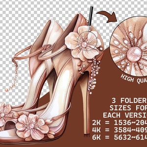 May include: A watercolour illustration of two high-heeled shoes in beige and pink, decorated with floral and pearl details. The image has a transparent background and text that reads "Transparent Background" and "High Quality".