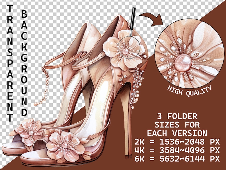 May include: A watercolour illustration of two high-heeled shoes in beige and pink, decorated with floral and pearl details. The image has a transparent background and text that reads "Transparent Background" and "High Quality".