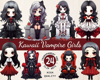 Kawaii Vampire Girls, Paquete de imágenes prediseñadas, Encantadoras chicas Drácula, PNG transparente, Descarga digital, Invitación de álbum de recortes, Uso comercial