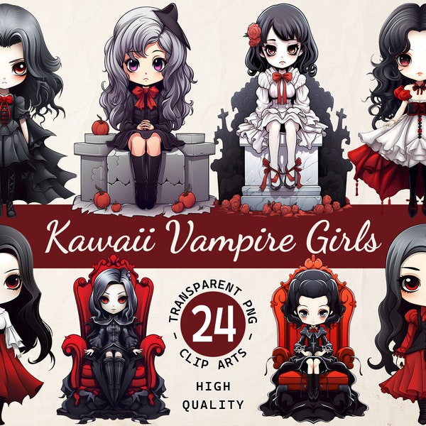 Kawaii Vampire Girls, Clipart Bundle, Enchanting Dracula Girls, Transparent PNG, Digital Download, Scrapbook Invitation, Commercial Use