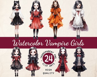 Acuarela de chicas vampiro, paquete de imágenes prediseñadas, chicas de Drácula, PNG transparente, descarga digital, invitación de la tarjeta del libro de recuerdos, uso comercial
