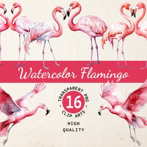 Pink Flamingos, Clipart Collection, Watercolor Flamingo, Transparent PNG, Digital Download, Commercial Use, Nursery Decor
