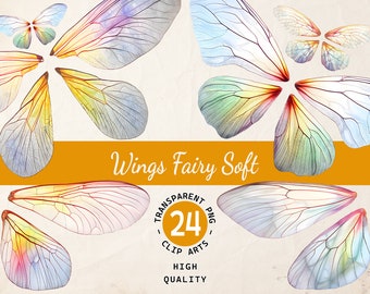 Fairy Wings Watercolor, Clipart Bundle, Soft Rainbow Wings, Transparent PNG, Digital Download, Scrapbook Invitation, Commercial Use