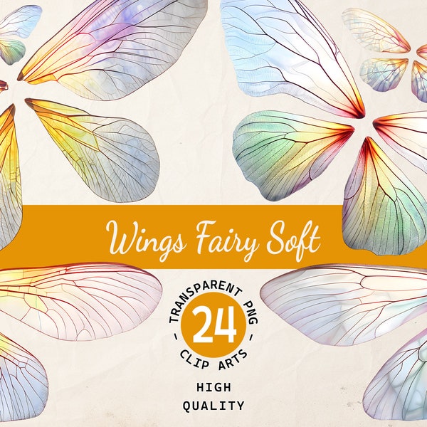 Fairy Wings Watercolor, Clipart Bundle, Soft Rainbow Wings, Transparent PNG, Digital Download, Scrapbook Invitation, Commercial Use