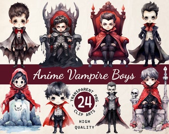 Ilustracja wampira anime, pakiet clipartów, mistyczni chłopcy Dracula, przezroczysty PNG, pobieranie cyfrowe, projekty kreatywne, wykorzystanie komercyjne