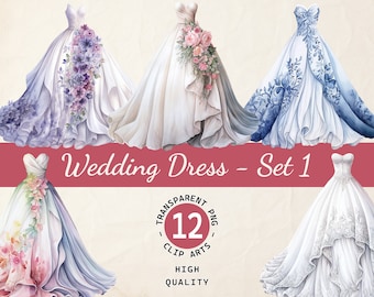 Wedding Dress Watercolor, Clipart Bundle, Romantic Dress Clipart, Transparent PNG, Digital Download, Scrapbook Card Making, Commercial Use