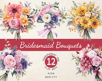 Bukiet druhny akwarela, pakiet clipart, kwiaty ślubne, przezroczysty PNG, pobieranie cyfrowe, tworzenie kartek scrapbookingowych, wykorzystanie komercyjne