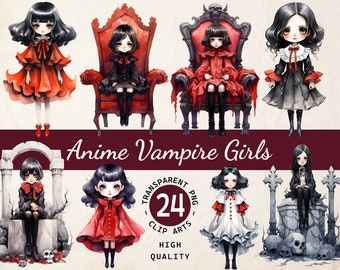 Anime Vampire Girls, Cliparts Bundle, Mystical Dracula Illustration, Transparent PNG, Digital Download, Creative Projects, Commercial Use