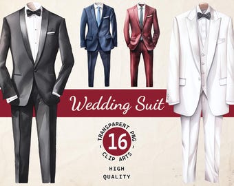 Wedding Suit Watercolor, Clipart Bundle, Groom Suit Clipart, Transparent PNG, Digital Download, Scrapbook Card Making, Commercial Use