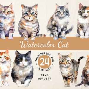 Watercolor Cat Clipart Collection, Cats and Kittens, Commercial Use, Instant Download, Transparent Background, Card Making