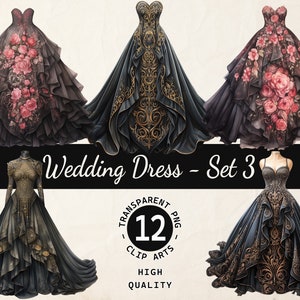 Elegantes schwarzes Hochzeitskleid Aquarell, Clipart Bundle aus PNG Datei - Instant Download für DIY Einladungen und Drucke