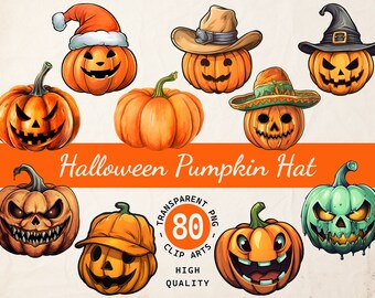 Kapelusz z dyni na Halloween, pakiet clipartów, przezroczysty PNG, pobieranie cyfrowe, świąteczna zabawa dla projektów kreatywnych, wykorzystanie komercyjne
