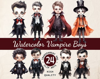 Vampire Boys Akwarela, Pakiet Clipart, Dracula Boys, Przezroczysty PNG, Pobieranie Cyfrowe, Zaproszenie Karty Scrapbook, Wykorzystanie Komercyjne