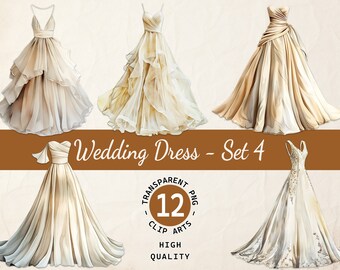 Champagne and Ivory Wedding Dress, Clipart Bundle of Elegant Gown, Transparent PNG, Digital Download, Bridal Projects, Commercial Use