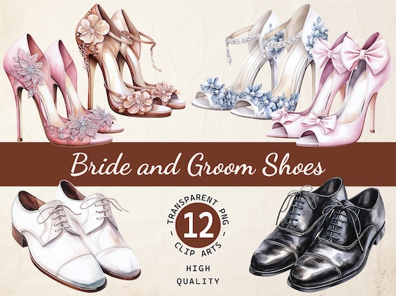 Bridal Shoes Watercolor, Clipart Bundle, Bride Shoes, Groom Shoes, Transparent PNG, Digital Download, Scrapbook Making, Commercial Use