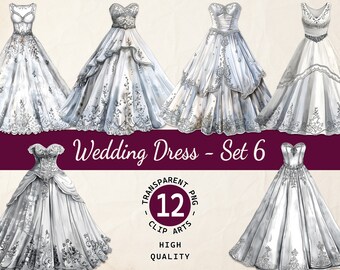 Projekt sukni ślubnej w technice liniowej i akwareli, kolekcja technik mieszanych, przezroczyste PNG, pobieranie cyfrowe, karta projektu ślubnego, wykorzystanie komercyjne