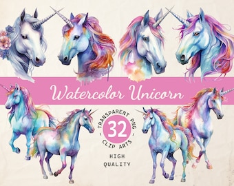 Unicorn Watercolor Clipart Bundle, Transparent PNG, Digital Download, Kid's Room, Scrapbook Card Making, Commercial Use