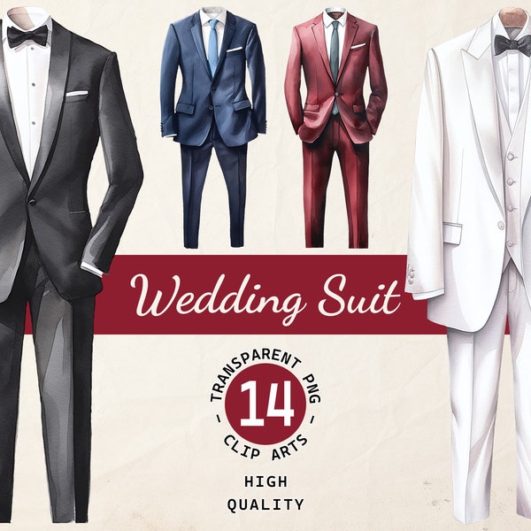 Wedding Suit Watercolor, Clipart Bundle, Groom Suit Clipart, Transparent PNG, Digital Download, Scrapbook Card Making, Commercial Use