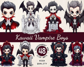 Kawaii Vampire Illustration, Cliparts Bundle, Dracula Boys, Transparent PNG, Digital Download, Creative Projects, Commercial Use