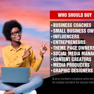 May include: A woman wearing a yellow shirt and blue jeans sits with a laptop in front of her, pointing to a list of professions that could benefit from using social media marketing tools. The list includes business coaches, small business owners, influencers, entrepreneurs, theme page owners, social media managers, content creators, media producers, and graphic designers.