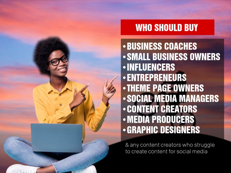 May include: A woman wearing a yellow shirt and blue jeans sits with a laptop in front of her, pointing to a list of professions that could benefit from using social media marketing tools. The list includes business coaches, small business owners, influencers, entrepreneurs, theme page owners, social media managers, content creators, media producers, and graphic designers.