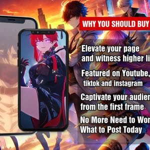 Puede incluir: Dos maquetas de tel&eacute;fono que muestran una ilustraci&oacute;n digital de una mujer con cabello rojo y un atuendo negro y rojo. El texto en la imagen dice "WHY YOU SHOULD BUY IT", "Elevate your page and witness higher likes", "Featured on Youtube, tiktok and instagram", "Captivate your audience from the first frame", "No More Need to Wonder What to Post Today".