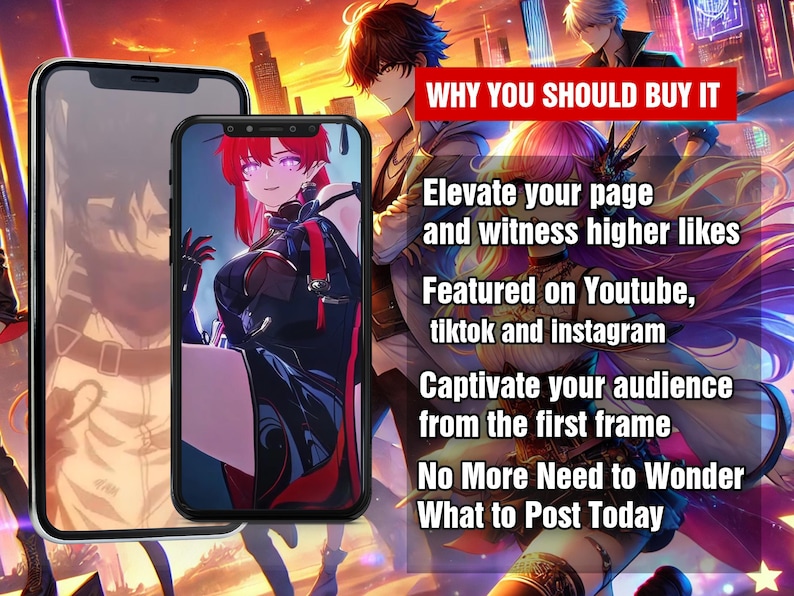 Puede incluir: Dos maquetas de tel&eacute;fono que muestran una ilustraci&oacute;n digital de una mujer con cabello rojo y un atuendo negro y rojo. El texto en la imagen dice "WHY YOU SHOULD BUY IT", "Elevate your page and witness higher likes", "Featured on Youtube, tiktok and instagram", "Captivate your audience from the first frame", "No More Need to Wonder What to Post Today".