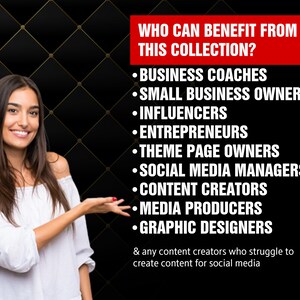 May include: A woman smiles and points to a list of professions that can benefit from a collection of social media graphics. The list includes business coaches, small business owners, influencers, entrepreneurs, theme page owners, social media managers, content creators, media producers, and graphic designers. The text reads "Who can benefit from this collection?"