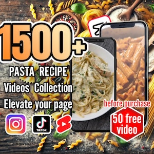 May include: A digital image of a phone screen showing pasta dishes. The text on the screen reads "before purchase 50 free video". The image is surrounded by pasta, herbs, and other food items. The text "1500+ PASTA RECIPE Videos Collection Elevate your page" is in the upper left corner of the image. The social media icons for Instagram, TikTok, and YouTube are in the lower left corner of the image.