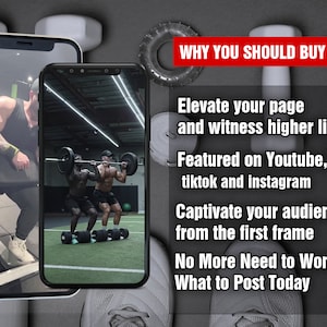 May include: Two smartphone screens displaying images of people working out at a gym. The text on the screen reads "WHY YOU SHOULD BUY IT", "Elevate your page and witness higher likes", "Featured on Youtube, tiktok and instagram", "Captivate your audience from the first frame", "No More Need to Wonder What to Post Today".