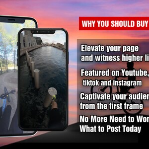 May include: Two images of a phone screen showing a video of a person riding a bicycle on a path. The text on the screen reads "WHY YOU SHOULD BUY IT", "Elevate your page and witness higher likes", "Featured on Youtube, tiktok and instagram", "Captivate your audience from the first frame", "No More Need to Wonder What to Post Today".