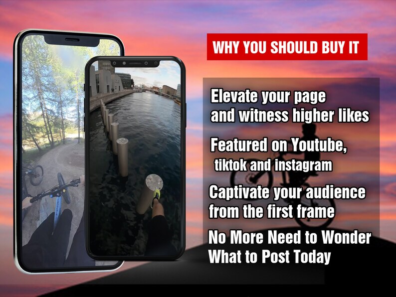 May include: Two images of a phone screen showing a video of a person riding a bicycle on a path. The text on the screen reads "WHY YOU SHOULD BUY IT", "Elevate your page and witness higher likes", "Featured on Youtube, tiktok and instagram", "Captivate your audience from the first frame", "No More Need to Wonder What to Post Today".