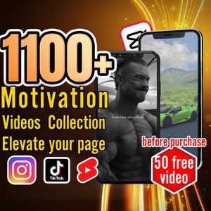 Può includere: Un'immagine di marketing digitale che promuove una collezione di oltre 1100 video motivazionali. L'immagine presenta due schermate di smartphone che mostrano contenuti motivazionali, tra cui un uomo con il testo "Turn Pain Into Power" e un'auto sportiva verde. L'immagine include anche icone di social media per Instagram, TikTok e YouTube, e un cartello di stop rosso con il testo "50 free video" all'interno.