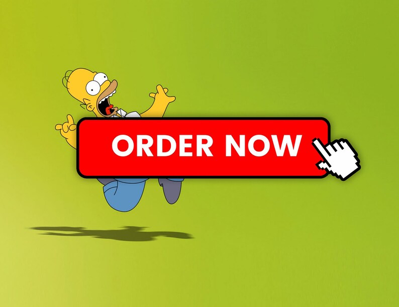 Puede incluir: Un personaje de dibujos animados amarillo con la lengua roja que sobresale, saltando frente a un bot&oacute;n rojo que dice "ORDER NOW" con un cursor blanco flotando sobre &eacute;l.