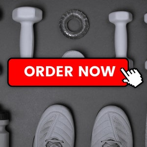 May include: A black and white image of a fitness product advertisement. The image features a pair of grey sneakers, two grey dumbbells, a grey hand weight, a grey water bottle, a grey headband, and a red button that says "ORDER NOW".