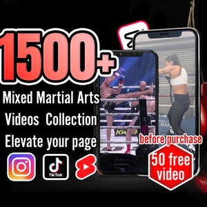 May include: A digital marketing ad for a collection of over 1,500 mixed martial arts videos. The ad features two smartphones displaying videos of fighters in a ring and a red boxing glove. The text "before purchase 50 free video" is displayed on a red hexagon.