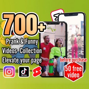 Puede incluir: Un anuncio de marketing digital para una colecci&oacute;n de m&aacute;s de 700 videos de bromas y divertidos. El anuncio presenta dos pantallas de tel&eacute;fonos inteligentes que muestran clips de los videos. El texto "700+ Prank & Funny Videos Collection Elevate your page" se muestra en letras grandes y negritas. El anuncio tambi&eacute;n incluye &iacute;conos para Instagram, TikTok y YouTube.