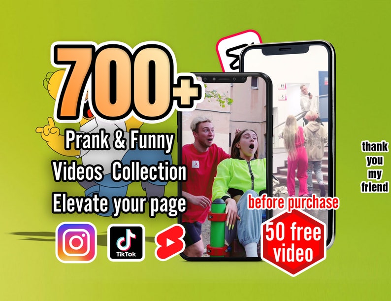 Puede incluir: Un anuncio de marketing digital para una colecci&oacute;n de m&aacute;s de 700 videos de bromas y divertidos. El anuncio presenta dos pantallas de tel&eacute;fonos inteligentes que muestran clips de los videos. El texto "700+ Prank & Funny Videos Collection Elevate your page" se muestra en letras grandes y negritas. El anuncio tambi&eacute;n incluye &iacute;conos para Instagram, TikTok y YouTube.