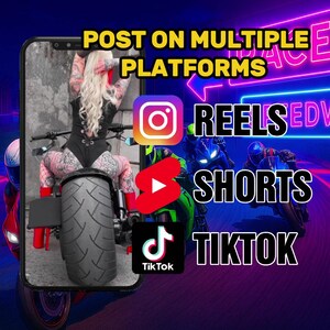 May include: A smartphone screen displaying a photo of a woman on a motorcycle. The text "POST ON MULTIPLE PLATFORMS" is at the top of the screen. Below the photo are logos for Instagram Reels, YouTube Shorts, and TikTok.