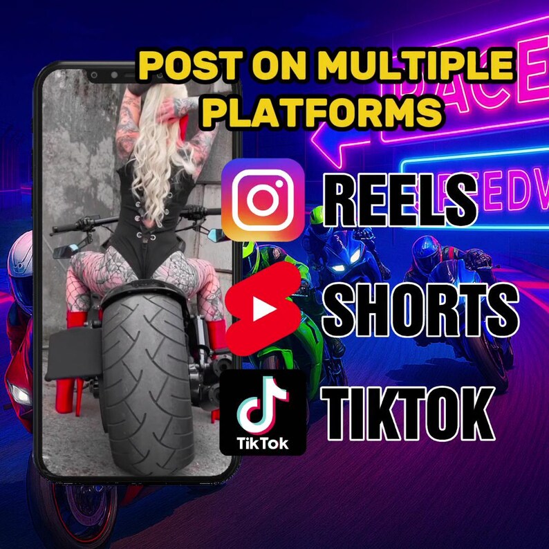 May include: A smartphone screen displaying a photo of a woman on a motorcycle. The text "POST ON MULTIPLE PLATFORMS" is at the top of the screen. Below the photo are logos for Instagram Reels, YouTube Shorts, and TikTok.